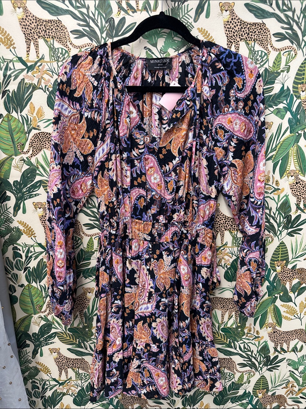 MINKPINK Paisley Long Sleeve Mini Dress in Black, Pink & Tan